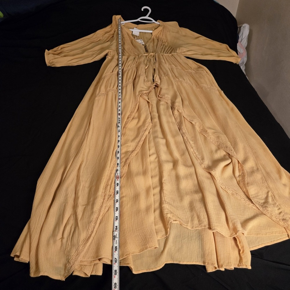 Free People Dress Womens Large Gold Crossroads Maxi V-Neck Sleeve Boho Peasant - Picture 2 of 16